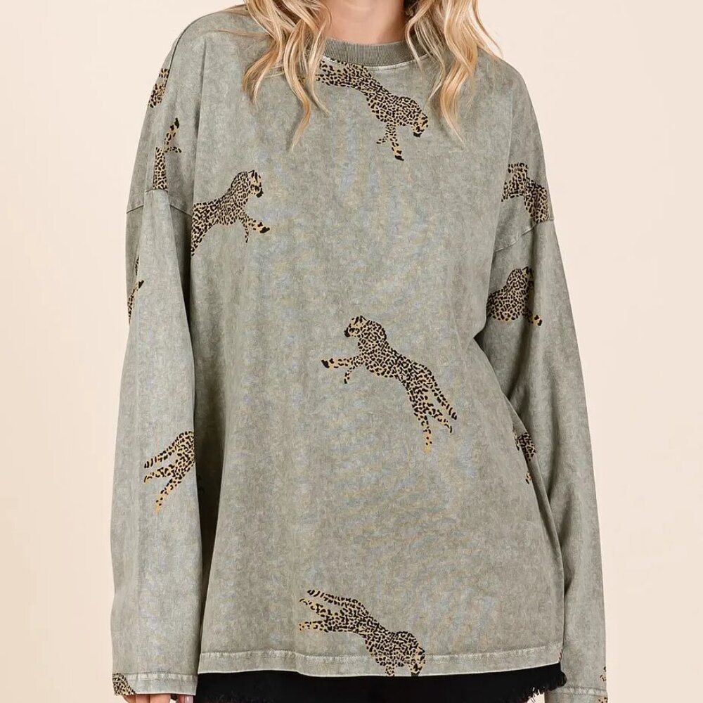 Mittoshop Mineral Wash Cheetah Print Long Sleeve‎ Top